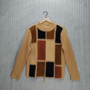 Design Originals Sweater-Suede Patchwork Zip-Mockneck-90s-Boho-Sz S